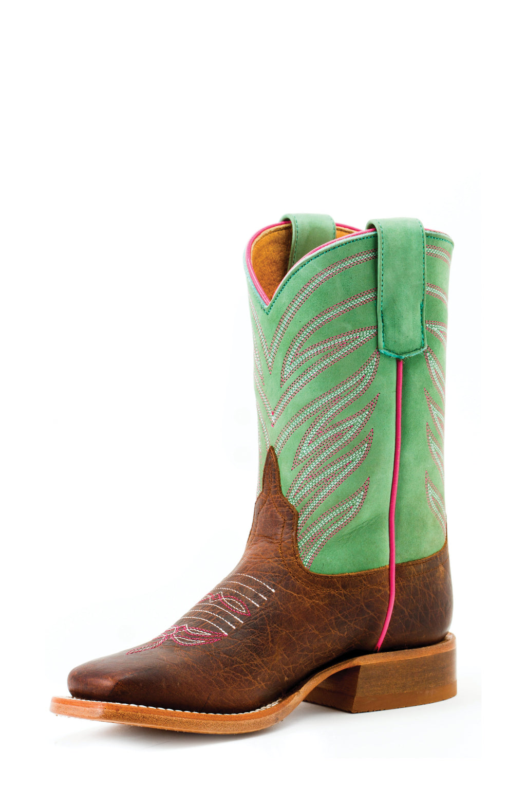 Anderson Bean Kids Boots - ABK7089 Wrinkled Brown with Powder Lime Green and Extreme Stitch