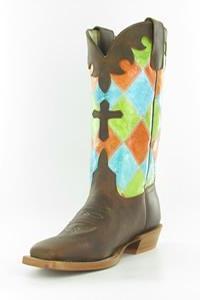 Anderson Bean Youth Boots - HPY7033 Honey Crazyhorse with Bright Colored Patchwork and Cross Overlay