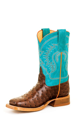 Anderson Bean Youth Boots - HPY7083 Brown Ostrich Full Quill Print with Aqua Turquoise Top