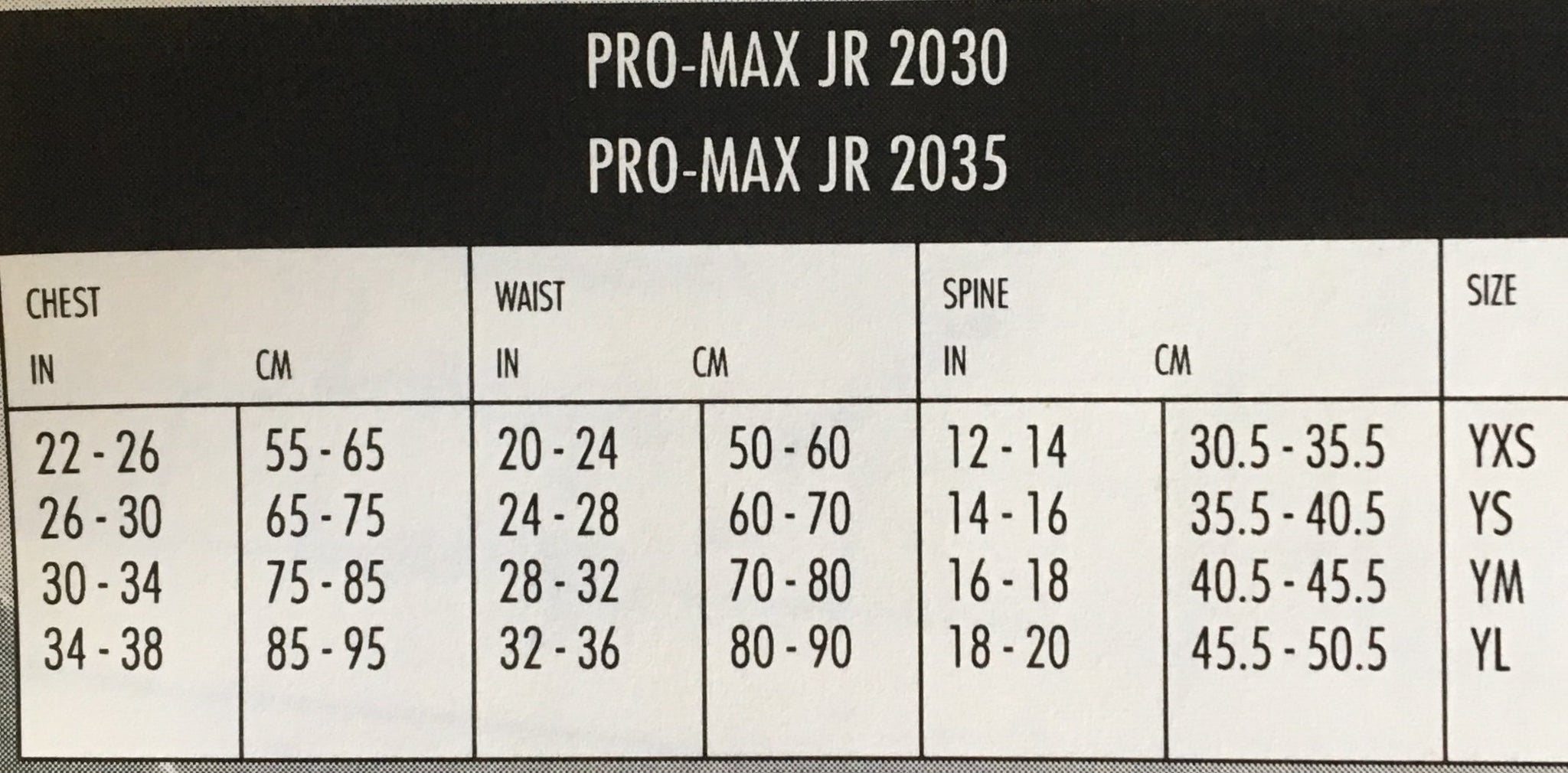 2030 Youth Vest Sizing Chart